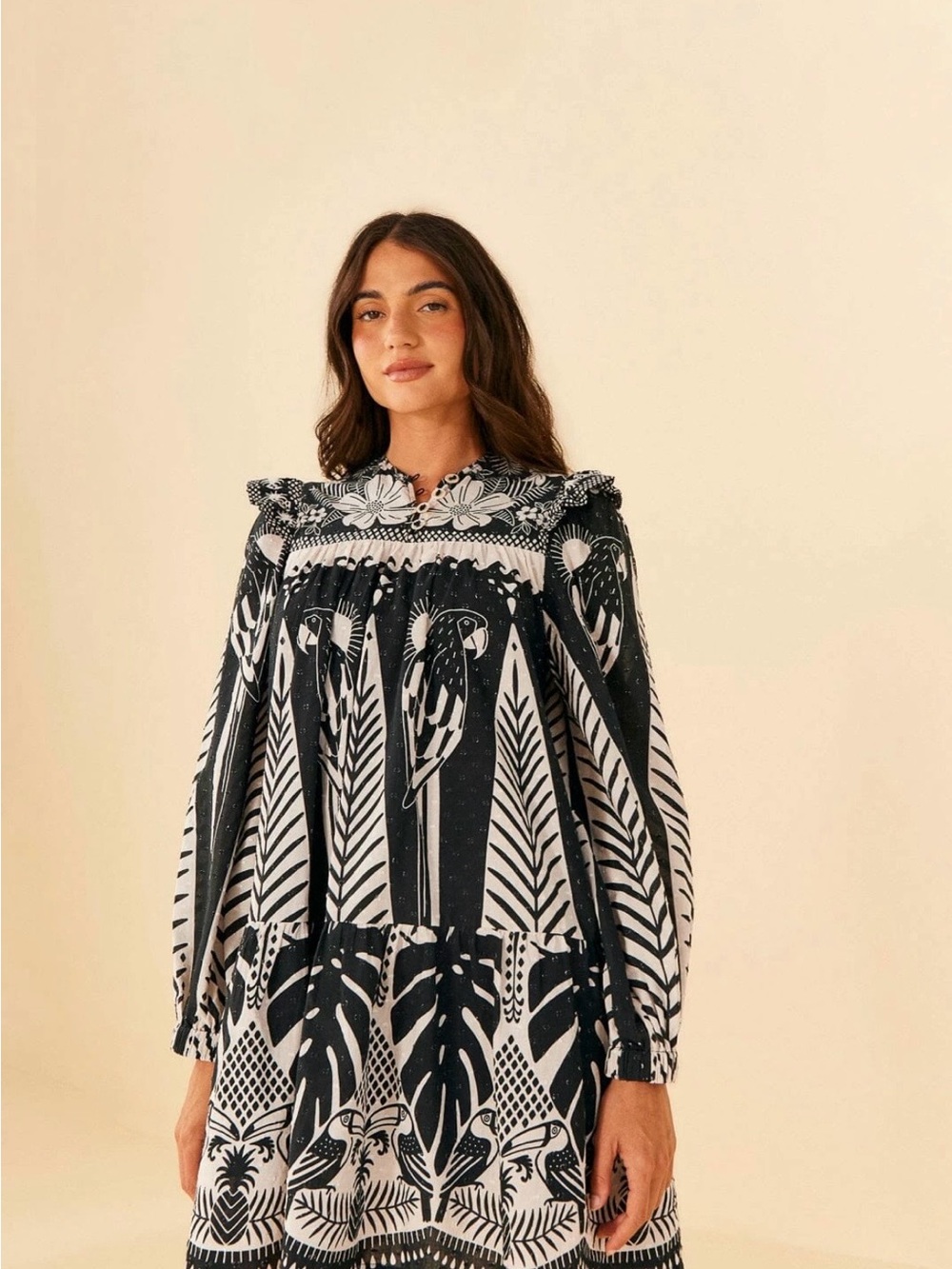 FARM Rio Black Macaw Long Sleeve Mini Dress